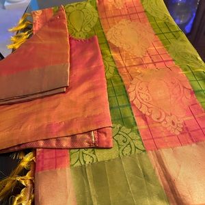 Kanchipuram Silk Saree - Orange/Green